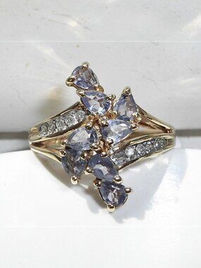 Genuine Tanzanite & Diamond Cluster Ring 10K Yellow Gold Women's Size 6.5